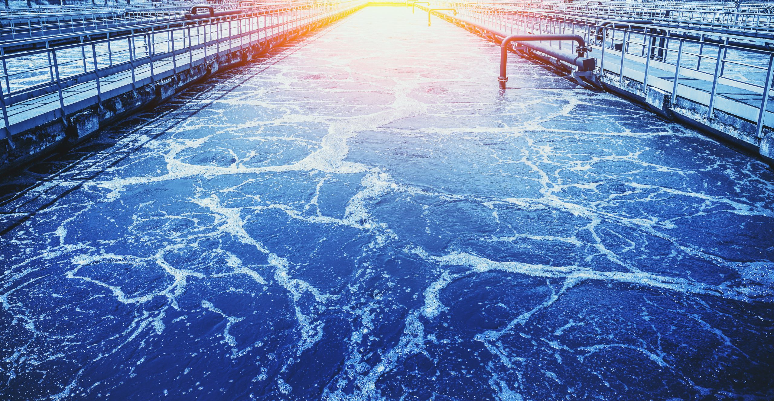 Water treatment tank with wastewater, aeration process in blue color