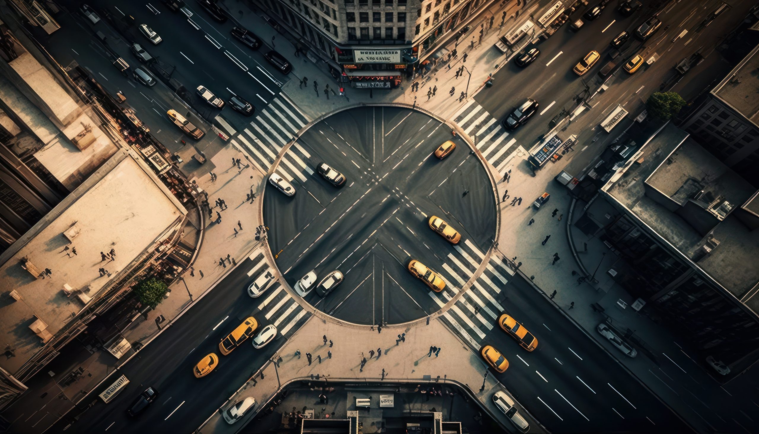 Aerial Panoramic View Of Busy Urban Streets And Intersections :